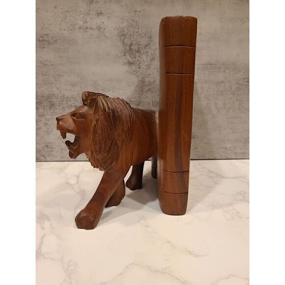 Vintage Wooden Hand Carved Single Heavy Lion Bookend 8” Tall x7.5" Décor Study - Picture 1 of 10